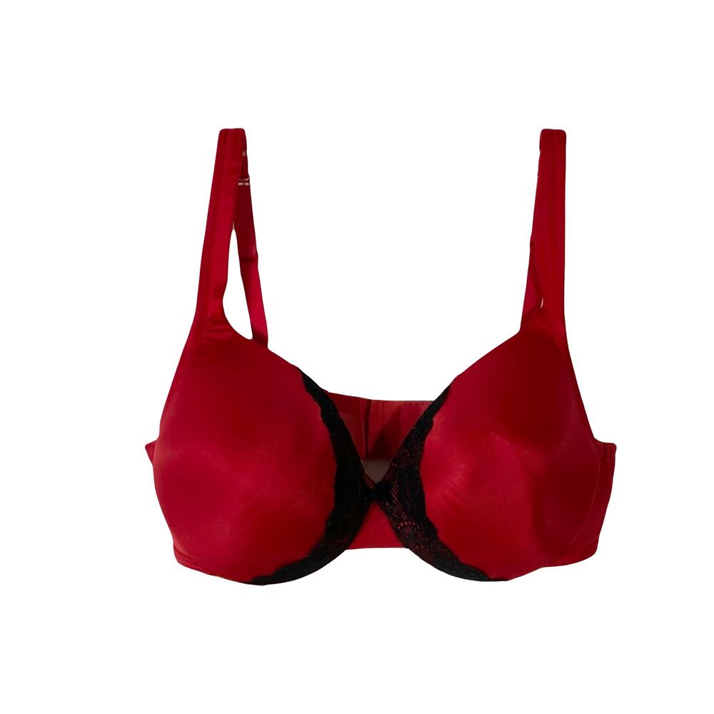 NWOT CACIQUE Bra 40DD Red Satin Black-Lace Bow Padded Wired 3-Hooks Adjust-Strap